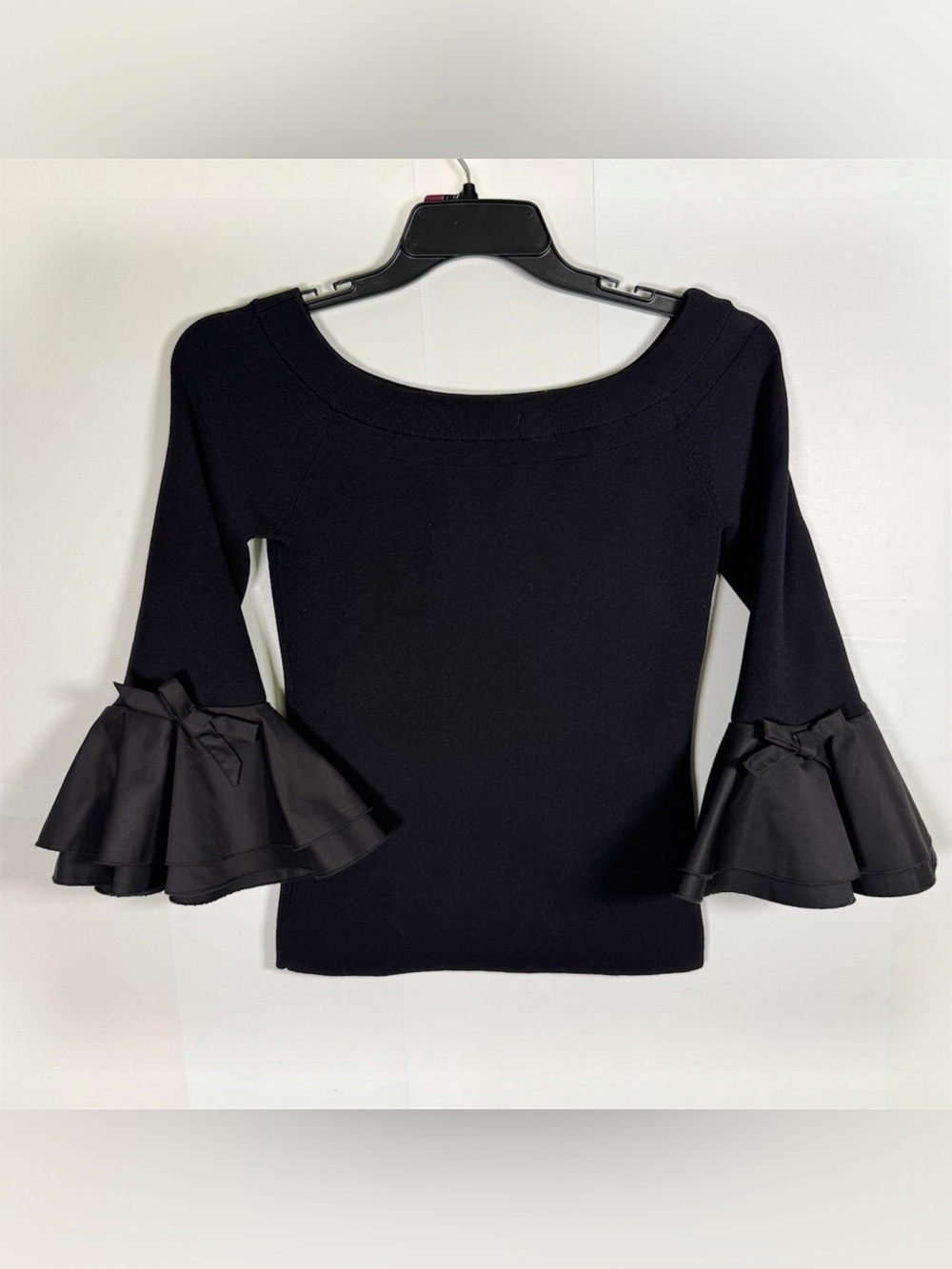 PEPIN Anthropologie Ribbed Black Ruffle Long Sleeve Stretchy Top Sz XS
